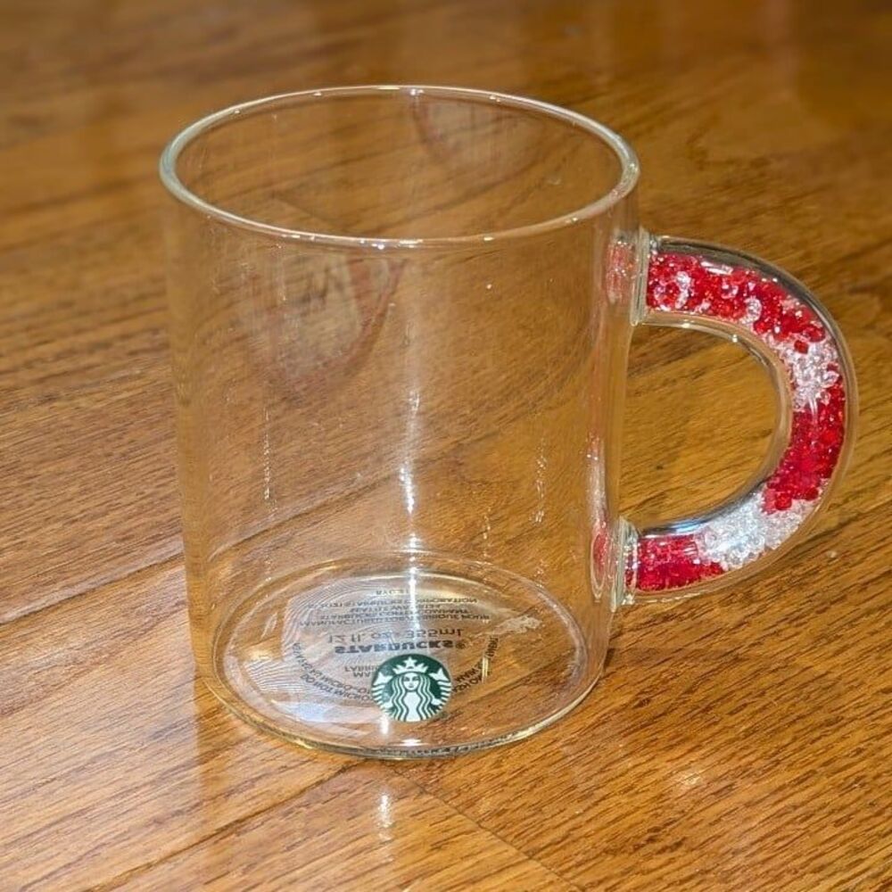 Starbucks Clear Glass Coffee Cup Mug with red & white filled handle